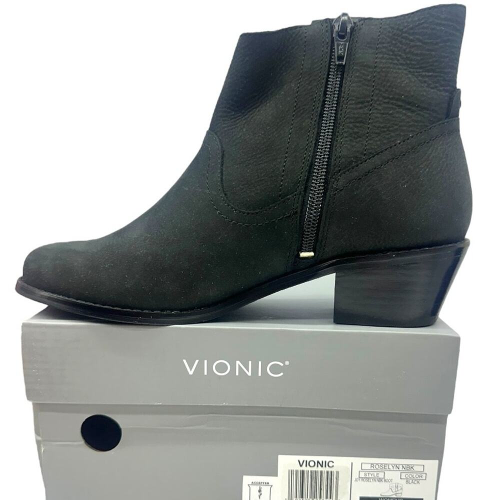 Vionic Roselyn Ankle Boots Womens Size 7 Black Nubuck Weather Resistant Side Zip